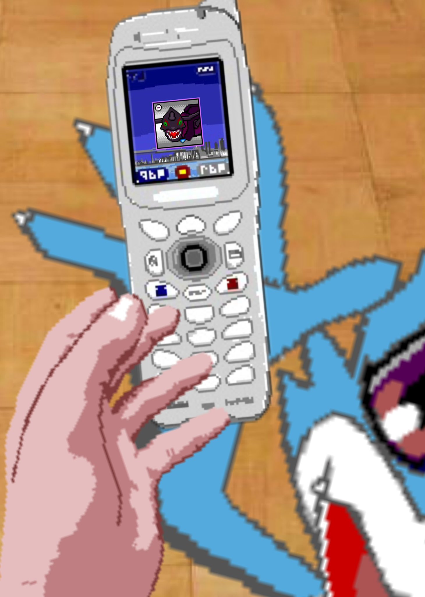 armagemon cellphone digimon digimon_(creature) digimon_adventure_02 digimon_adventure_02:_diablomon_no_gyakushu green_eyes highres looking_at_another phone red_eyes sharp_teeth smile teeth tongue tongue_out v-mon