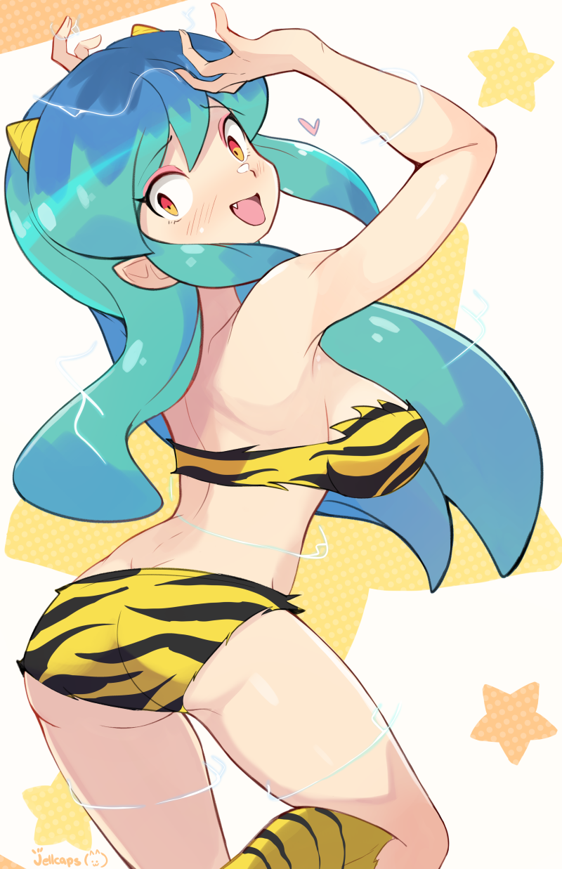 1girl animal_print aqua_hair artist_name ass bikini boots breasts commentary cone_horns fang heart highres horns jellcaps large_breasts long_hair looking_at_viewer looking_back lum open_mouth orange_eyes print_bikini print_boots smile solo star_(symbol) swimsuit tiger_print urusei_yatsura yellow_boots yellow_horns