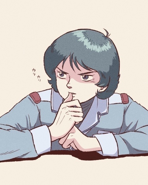 1boy biting biting_own_thumb blue_eyes blue_hair blue_jacket blue_shirt gundam jacket kamille_bidan long_sleeves looking_to_the_side nail_biting pika_pika4462 shadow shirt short_hair simple_background sound_effects biting_own_thumb zeta_gundam