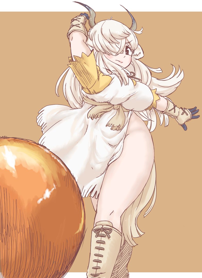 1girl animal_ears ball blush bowling bowling_ball breasts brown_eyes dress extra_ears gloves hair_over_one_eye horns kemono_friends kemono_friends_3 large_breasts long_hair looking_at_viewer maki_(02uh14l1b740ao2) no_panties ox_ears ox_girl ox_horns ribbon shirt short_sleeves smile solo tail thick_thighs thighs throwing twintails very_long_hair white_hair yak_(kemono_friends)