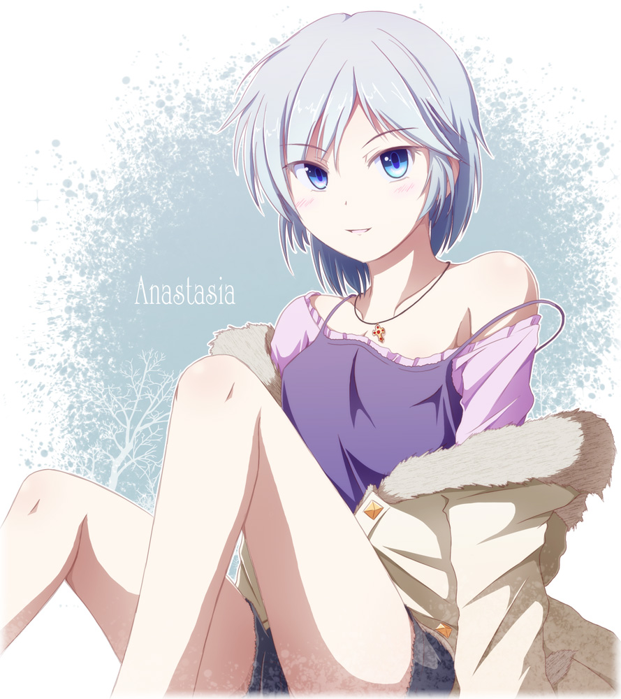 10s 1girl :d anastasia_(idolmaster) blue_eyes camisole character_name coat female_focus idolmaster idolmaster_cinderella_girls jewelry legs necklace open_mouth short_hair shorts silver_hair sitting smile solo strap_slip tri winter_clothes winter_coat