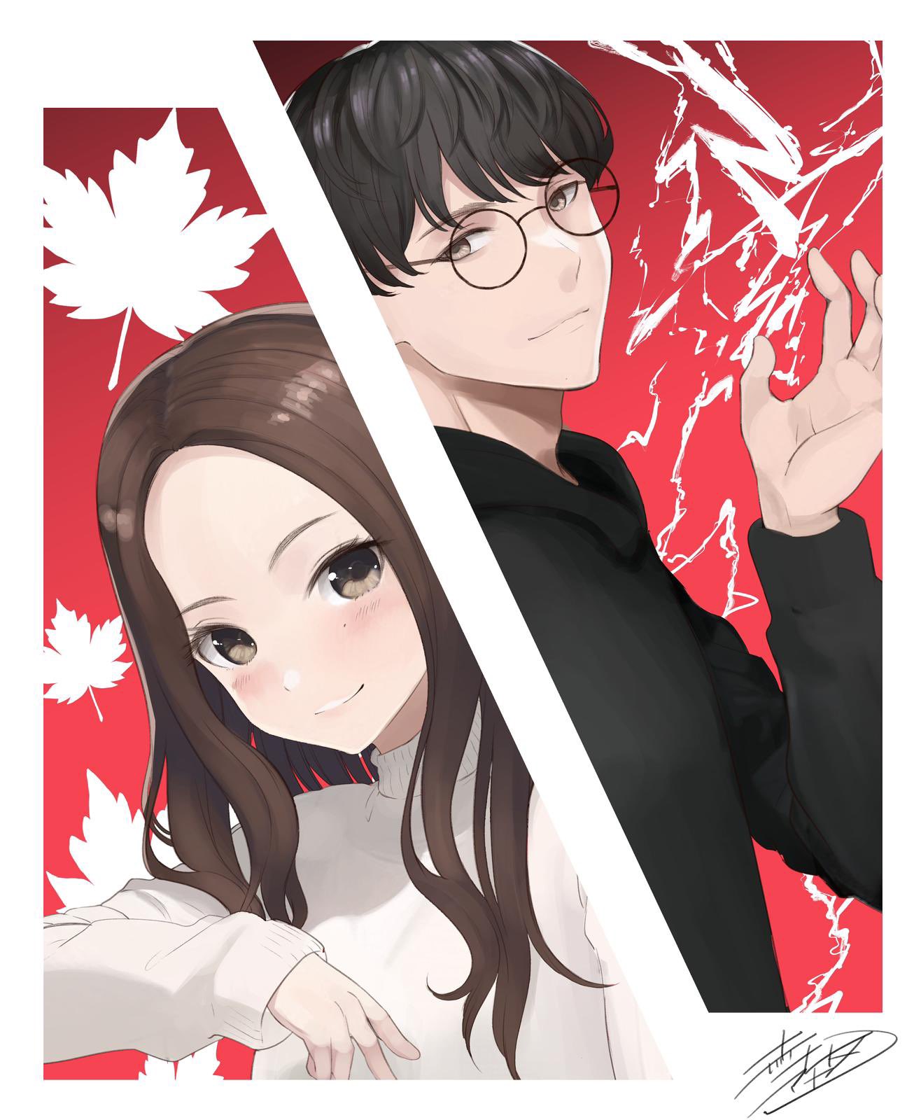 1boy 1girl akasaka_aka artist_name black-framed_eyewear black_hair black_hoodie brown_hair closed_mouth commentary english_commentary esports glasses gradient_background hand_up highres hood hood_down hoodie husband_and_wife kaede_shymko leaf lensless_glasses light_blush light_smile long_sleeves looking_at_viewer maple_leaf messy_hair no_bangs real_life red_background ribbed_collar ribbed_cuffs round_eyewear second-party_source sideways_glance signature smile straight-on straight_hair sweater thick_eyebrows translated turtleneck turtleneck_sweater tyson_ngo yellow_eyes