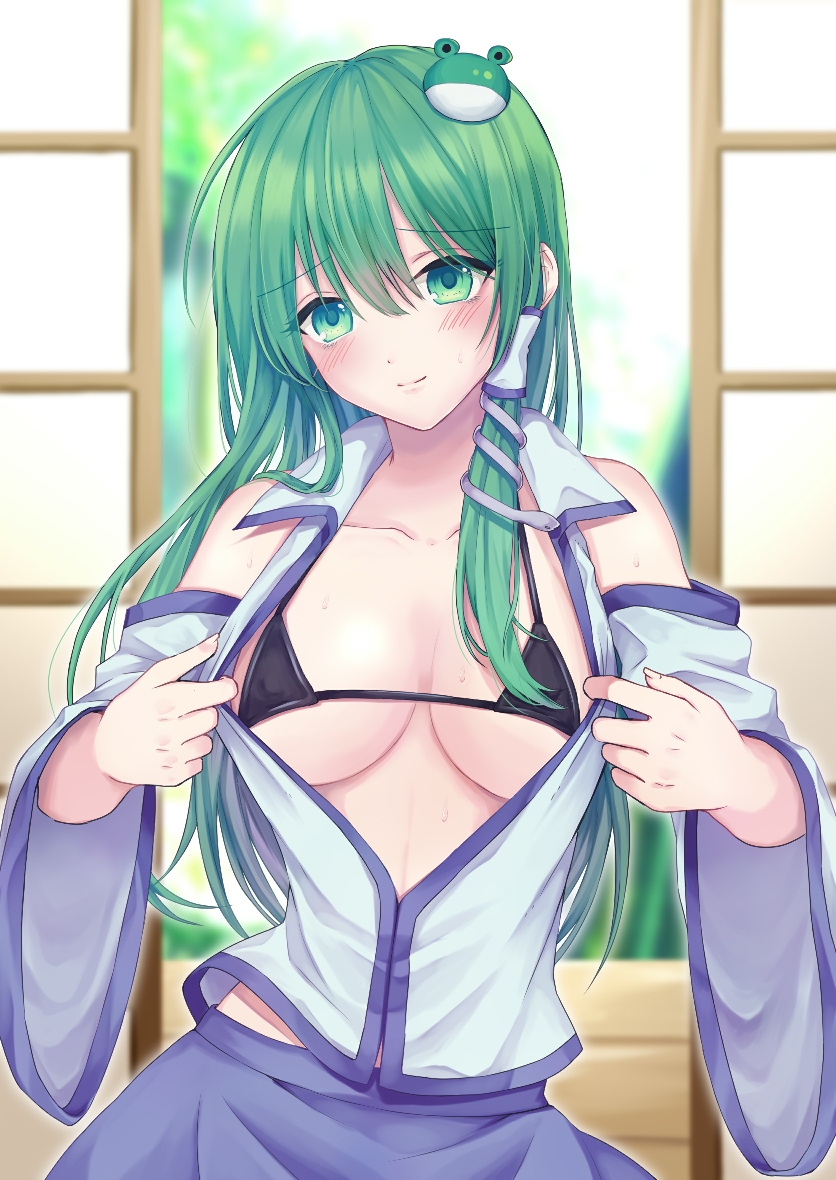 1girl bare_shoulders bikini bikini_top_only bikini_under_clothes black_bikini blue_skirt blurry blurry_background blush breasts breasts_apart closed_mouth collarbone day depth_of_field detached_sleeves female_focus frog_hair_ornament green_eyes green_hair hair_between_eyes hair_ornament hair_tubes head_tilt indoors kochiya_sanae long_hair long_sleeves medium_breasts micro_bikini micro_bikini_top open_clothes open_vest rnkgmn skirt sliding_doors smile snake_hair_ornament solo sweat swimsuit touhou underboob upper_body vest white_vest