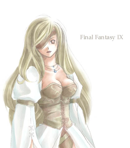 1girl beatrix_(ff9) breasts brown_corset brown_eyes brown_hair cleavage copyright_name corset cowboy_shot eyepatch final_fantasy final_fantasy_ix jewelry juliet_sleeves long_hair long_sleeves looking_at_viewer lowres necklace pale_color parted_lips puffy_sleeves rendezvous solo third-party_source upper_body white_background