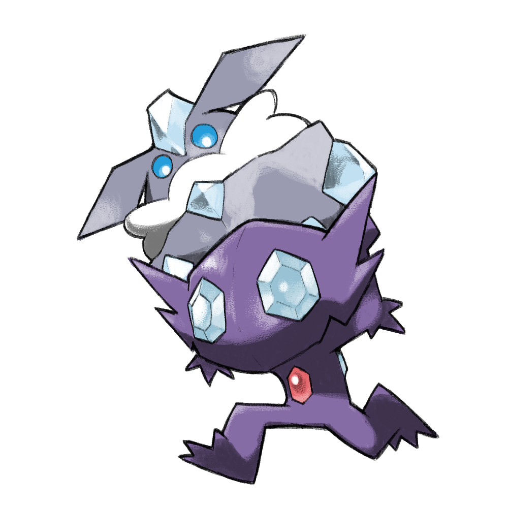 arms_up blacknirrow blue_eyes carbink carrying game_freak gem gem_eyes gen_3_pokemon gen_6_pokemon nintendo no_humans pokemon pokemon_(creature) running sableye simple_background white_background