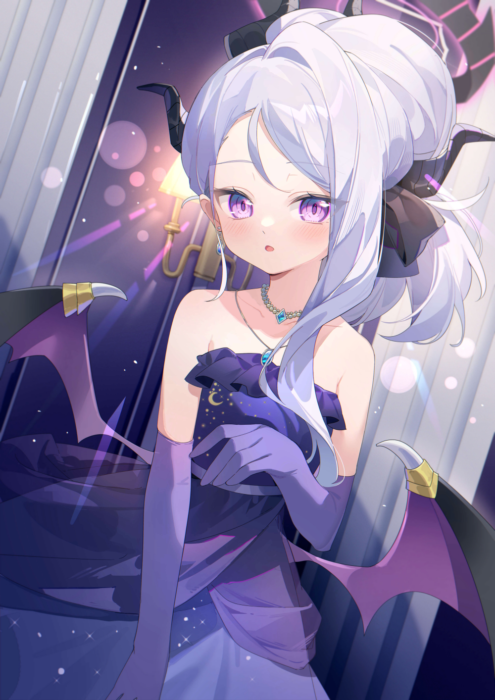 1girl bare_shoulders blue_archive blurry candlestand cocktail_dress collarbone commentary_request crescent_print demon_girl demon_horns demon_wings depth_of_field dress earrings elbow_gloves gloves halo highres hina_(blue_archive) hina_(dress)_(blue_archive) horns indoors jewelry long_hair looking_at_viewer necklace official_alternate_costume official_alternate_hairstyle parted_bangs parted_lips pearl_necklace pendant ponytail print_dress purple_dress purple_eyes purple_gloves sidelocks single_earring solo starry_sky_print strapless strapless_dress wavy_hair white_hair wings yunweishukuang