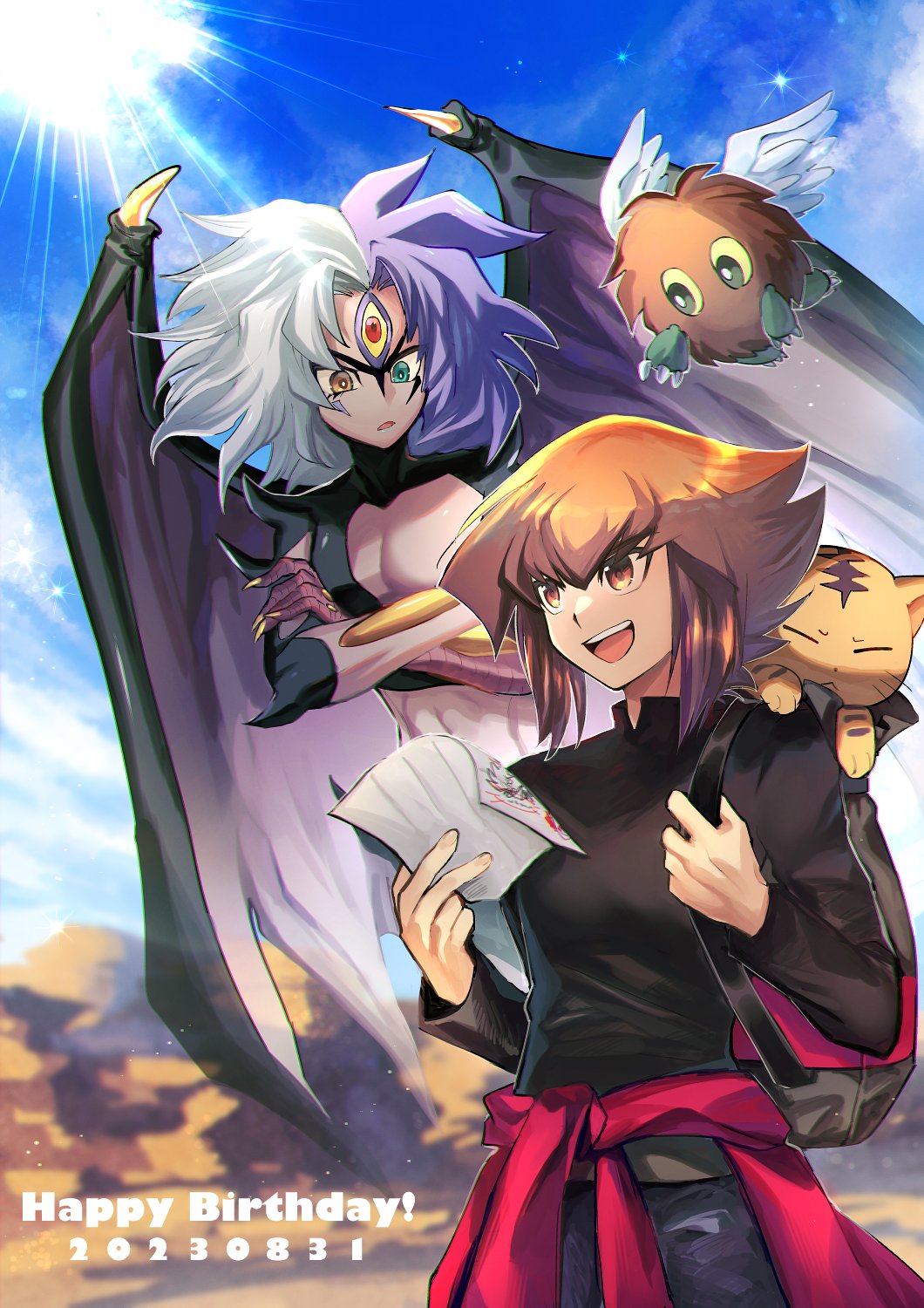 1boy black_shirt brown_eyes clothes_around_waist crossed_arms day duel_academy_uniform_(yu-gi-oh!_gx) hair_between_eyes happy_birthday highres jacket jacket_around_waist long_sleeves male_focus multicolored_hair pharaoh_(cat) red_jacket scene_reference shirt short_hair sk816 solo standing two-tone_hair winged_kuriboh yu-gi-oh! yu-gi-oh!_gx yubel yuki_judai