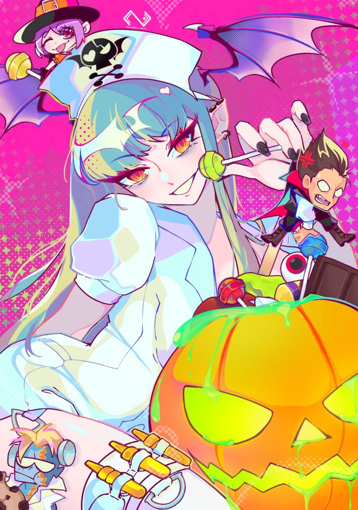 2boys 2girls aqua_hair black_nails breasts chibi cookie darkstalkers demitri_maximoff earrings eating food halloween halloween_costume head_wings jewelry mini_person miniboy morrigan_aensland mugencosmonaut multiple_boys multiple_girls nurse open_mouth pink_background pointy_ears pumpkin shirt smile victor_von_gerdenheim white_shirt wings