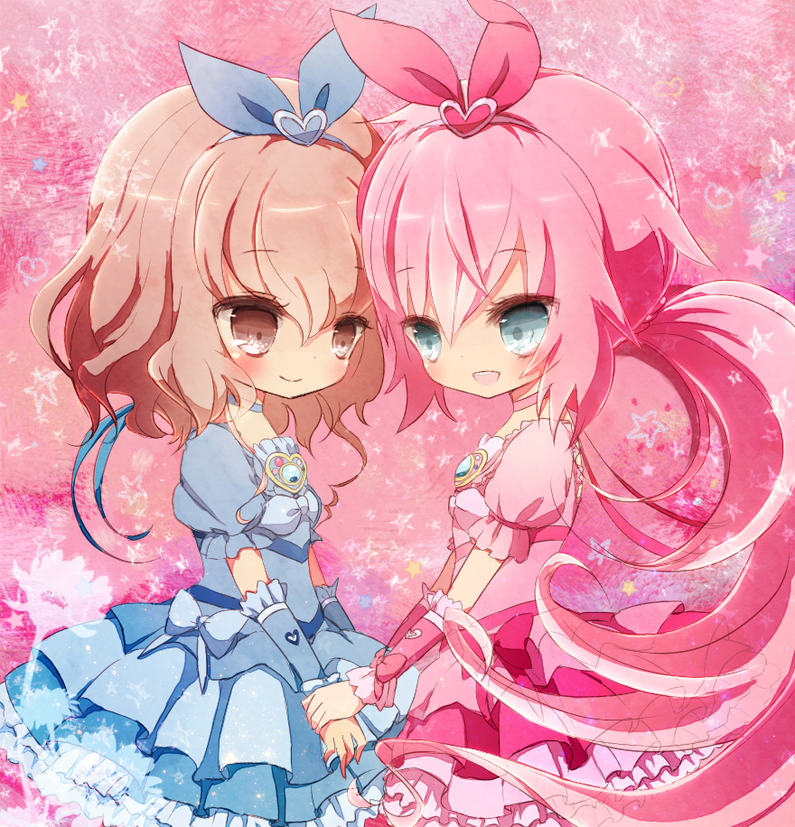 2boys bad_id bad_pixiv_id blue_eyes blue_skirt blush brown_eyes brown_hair choker cosplay crossdressing crossdressing_(mtf) cure_beat cure_beat_(cosplay) cure_melody cure_melody_(cosplay) dress inazuma_eleven_(series) inazuma_eleven_go inazuma_eleven_go_chrono_stone kirino_ranmaru long_hair male_focus multiple_boys open_mouth pink_hair precure shindou_takuto skirt smile suite_precure yoshida_(nono_ko)