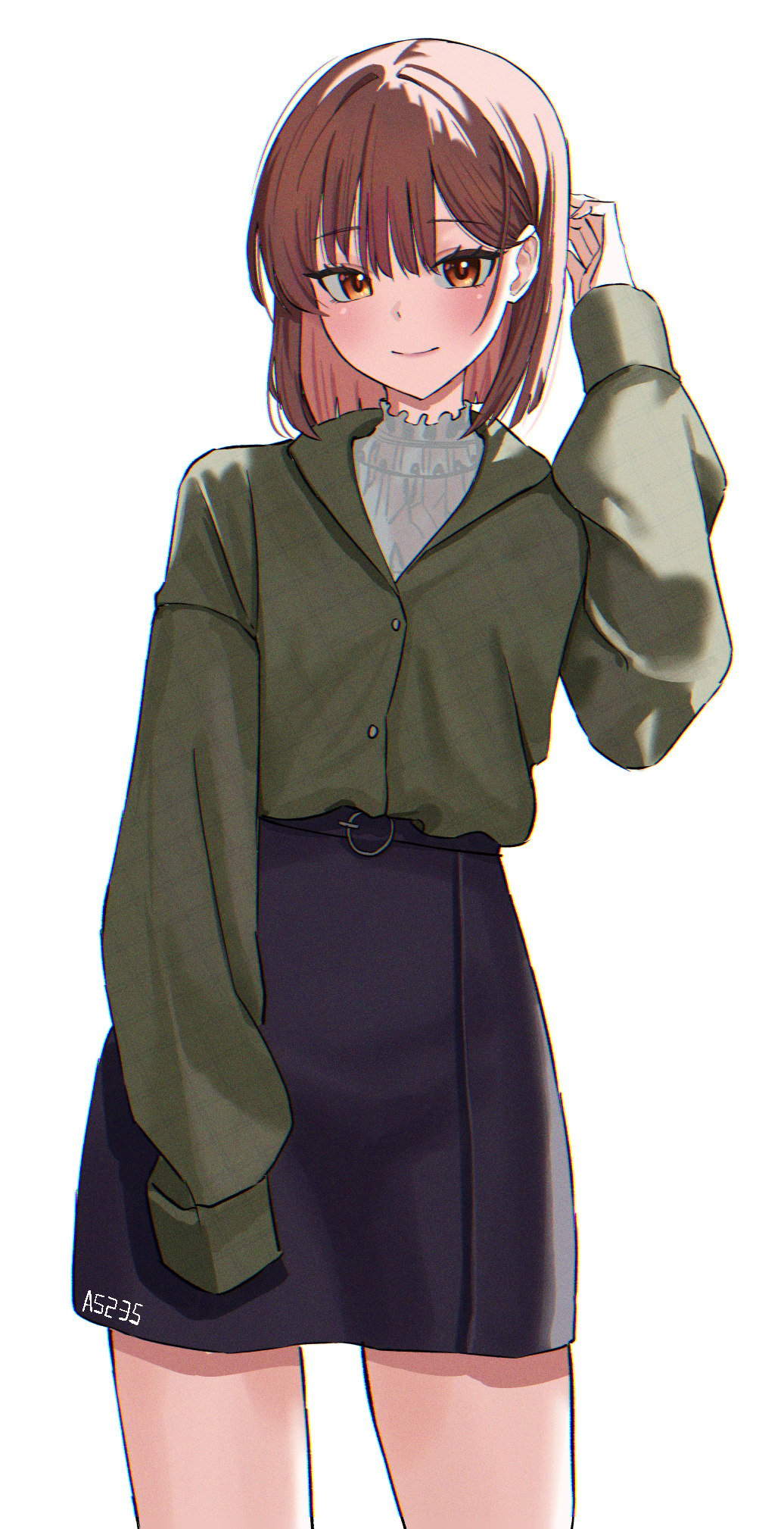 1girl a5235 brown_hair frilled_shirt frills green_jacket hair_pulled_back hand_up highres jacket light_smile long_sleeves pencil_skirt shirt simple_background skirt smile thighs victory_(waktaverse) virtual_youtuber waktaverse white_background yellow_eyes