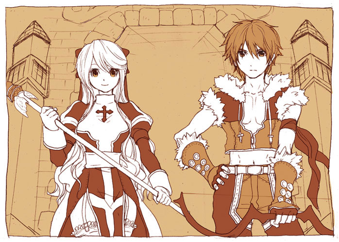 1boy 1girl armband bad_id bow bow_(weapon) breasts brown_theme closed_mouth cowboy_shot crop_top dress fingerless_gloves frilled_thighhighs frills frown fur-trimmed_gloves fur-trimmed_shirt fur_trim garter_straps gate gloves hair_bow high_priest_(ragnarok_online) holding holding_bow_(weapon) holding_staff holding_weapon juliet_sleeves lala_(sputnik) long_hair long_sleeves looking_at_viewer medium_breasts midriff monochrome navel pants_under_shorts puffy_sleeves ragnarok_online shirt short_hair sleeveless sleeveless_shirt smile sniper_(ragnarok_online) staff thighhighs two-tone_dress two-tone_gloves two-tone_shirt weapon
