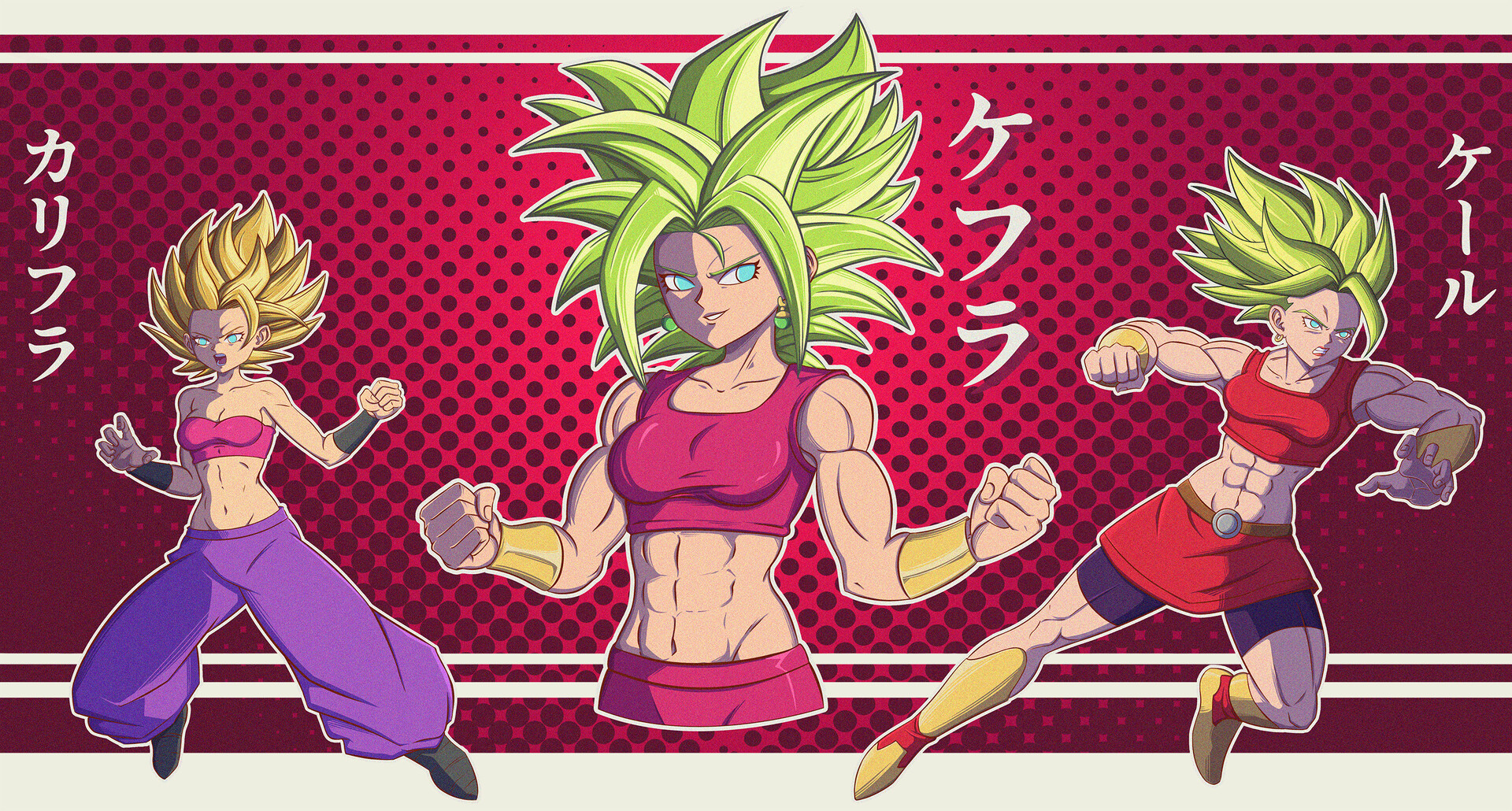3girls abs bare_shoulders blonde_hair blue_eyes bracelet breasts caulifla dragon_ball dragon_ball_super earrings fusion green_hair highres hugo_okami jewelry kale_(dragon_ball) kefla_(dragon_ball) medium_breasts multiple_girls muscular muscular_female open_mouth pants polka_dot polka_dot_background potara_earrings red_background shorts smile spiked_hair super_saiyan translation_request