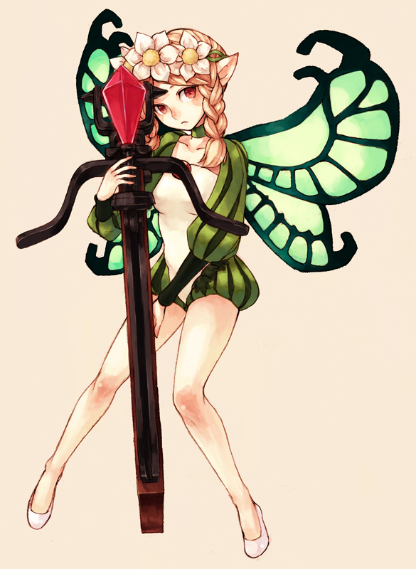 1girl bare_legs blonde_hair blush bow_(weapon) braid butterfly_wings crossbow fairy flower full_body hair_flower hair_ornament haruhito_(divineshalt) head_wreath insect_wings looking_at_viewer medium_hair mercedes_(odin_sphere) odin_sphere pointy_ears puff_and_slash_sleeves puffy_sleeves red_eyes solo twin_braids weapon white_footwear wings