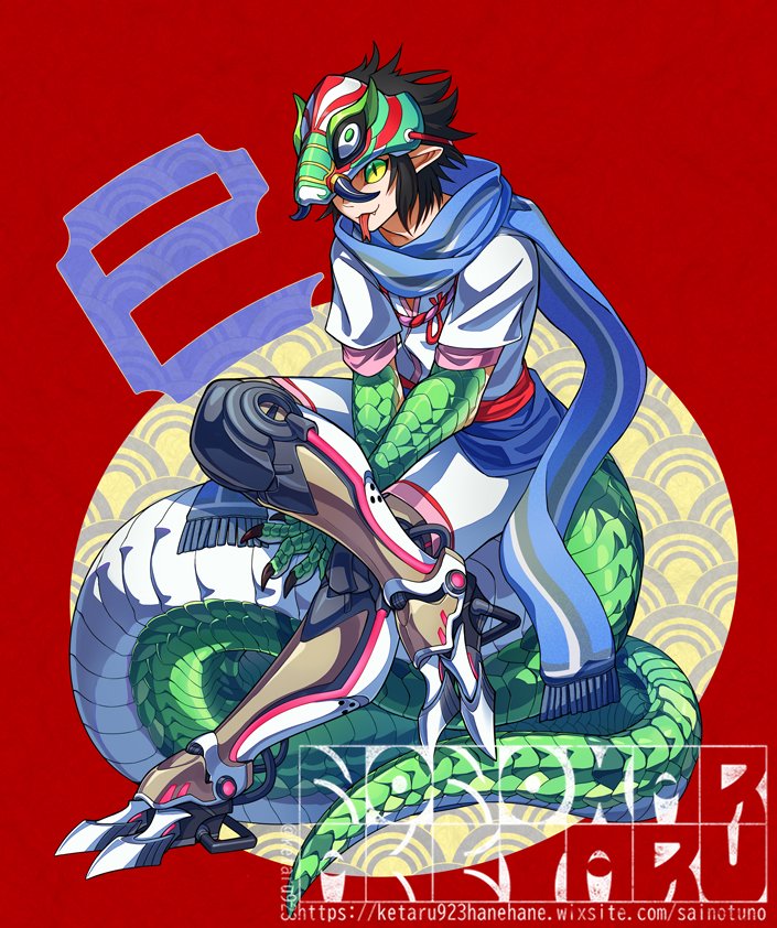 1boy animal_hands black_hair blue_scarf chinese_zodiac commentary_request crossed_legs fang fang_out forked_tongue full_body green_eyes green_scales japanese_clothes ketaru kimono male_focus mask mask_on_head mechanical_legs monster_boy new_year original pointy_ears red_background scarf short_hair shorts sitting sitting_on_own_tail sitting_on_tail slit_pupils snake_boy snake_mask snake_tail solo tail tongue translation_request very_long_tail white_kimono year_of_the_snake