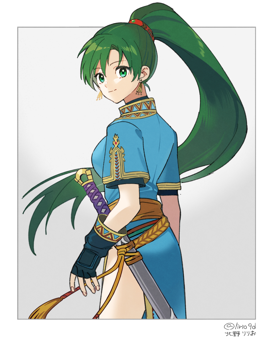 blue_dress dress earrings fingerless_gloves fire_emblem fire_emblem:_the_blazing_blade gloves green_eyes green_hair high_ponytail jewelry kitano_ririo long_hair lyn_(fire_emblem) nintendo pelvic_curtain ponytail rope_belt side_slit sword weapon