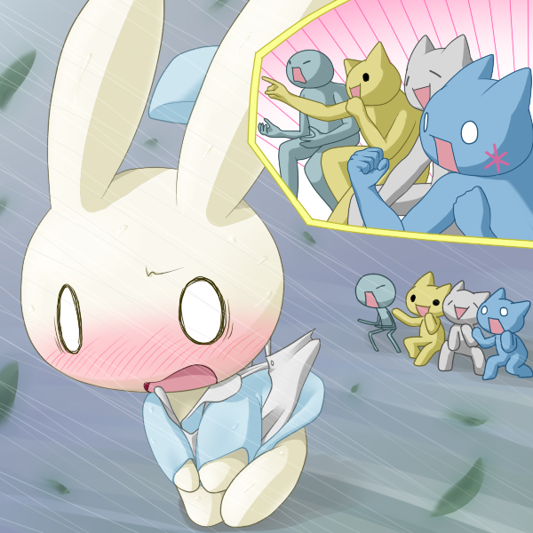 1girl 2channel 8toushin accidental_exposure blush rabbit cat character_request clothes_lift dress dress_lift embarrassed gaijin_4koma_(meme) giko hat kani_jiru meme mona_(2ch) multiple_boys open_mouth rain shadow wind wind_lift