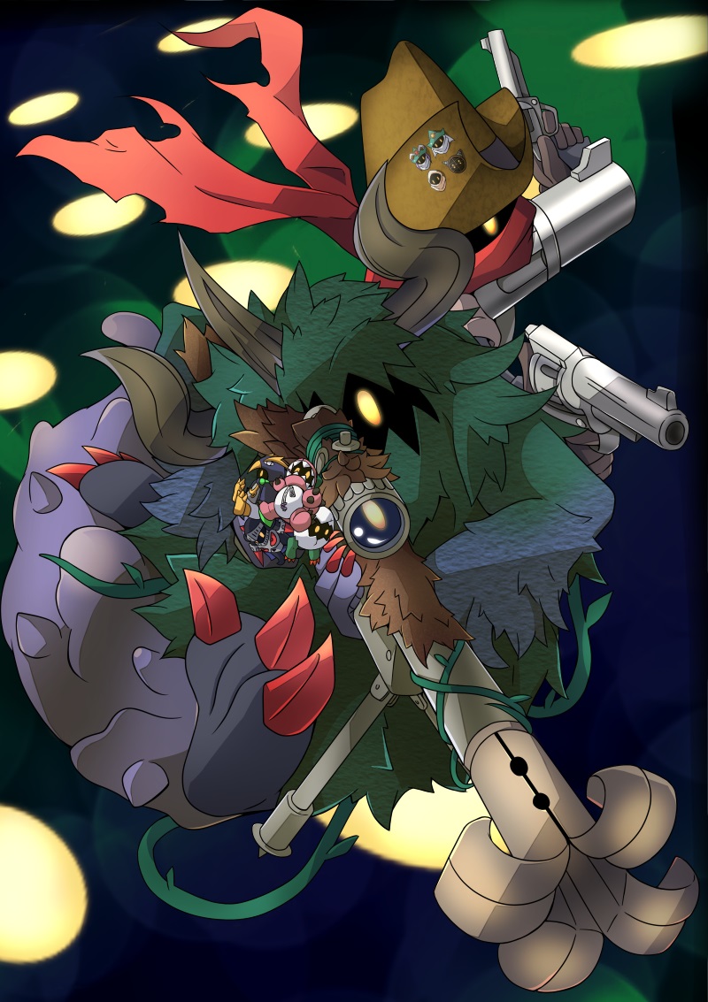 ancientwisemon botamon bush claws digimon digimon_(creature) digitamamon ex-tyranomon ghilliedhumon gun horns mirrormon revolmon scope skullknightmon tempomon weapon yellow_eyes
