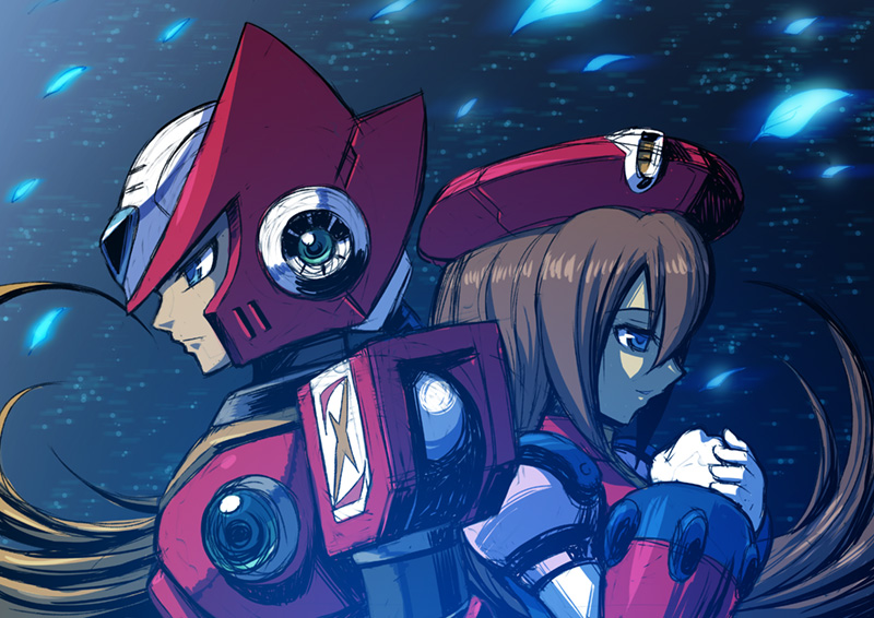 1boy 1girl android back-to-back beret blonde_hair blue_eyes capcom go! hat iris_(mega_man) long_hair mega_man_(series) mega_man_x4 mega_man_x_(series) ponytail zero_(mega_man)