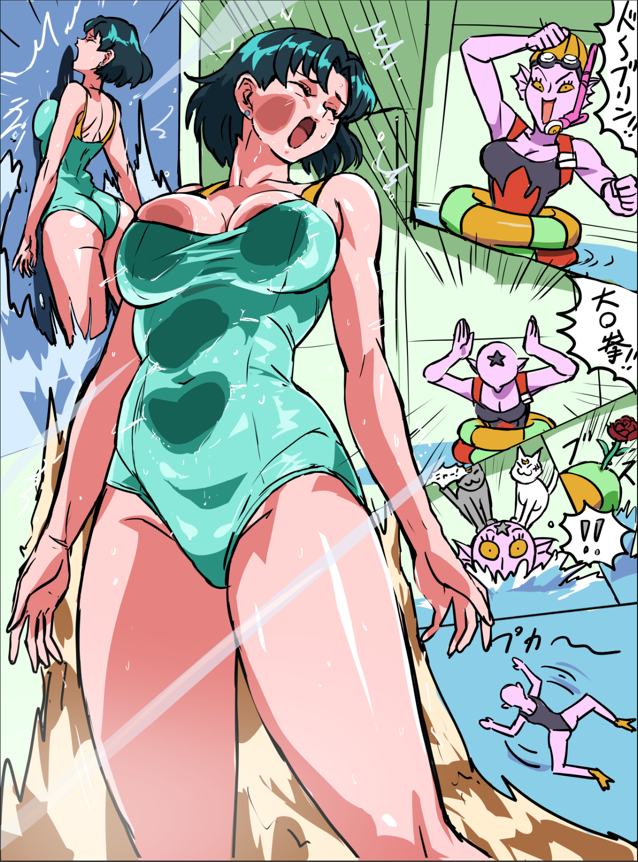 2girls afloat ami_mizuno artemis_(sailor_moon) ass bishoujo_senshi_sailor_moon bishoujo_senshi_sailor_moon_s breasts doburin_(sailor_moon) helpless luna_(sailor_moon) mamesi_(suhk8583) mizuno_ami multiple_girls pinned ryona scuba_gear swimsuit thighs water window