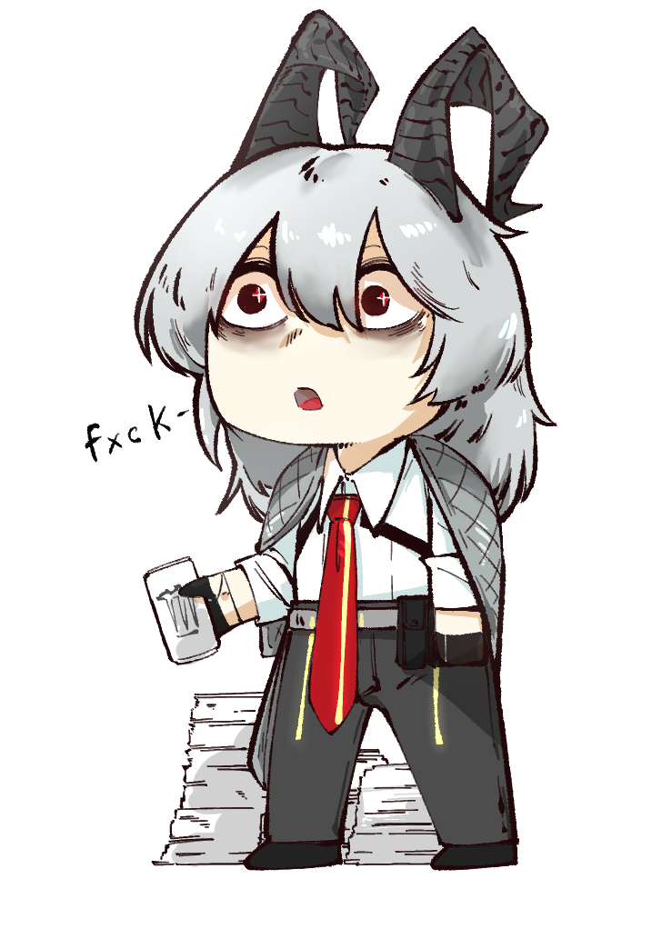 1girl bags_under_eyes black_gloves black_horns black_pants black_shoes can censored_profanity chibi chibi_only commentary curled_horns drink_can energy_drink english_commentary full_body gloves grey_hair hair_between_eyes holding holding_can horns jaehan204 long_hair monster_energy necktie open_mouth pants paper_stack red_necktie shirt shoes simple_background solo standing white_background white_shirt wuthering_waves zani_(wuthering_waves)