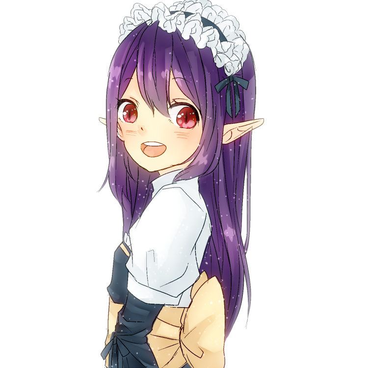 1girl arch_bishop_(ragnarok_online) back_bow black_dress black_hairband blush bow commentary_request dress frilled_hairband frills from_side hairband long_hair looking_at_viewer meiko_(nattu303) open_mouth pointy_ears purple_hair ragnarok_online red_eyes round_teeth simple_background slit_pupils smile solo teeth two-tone_dress upper_body upper_teeth_only white_background white_dress yellow_bow
