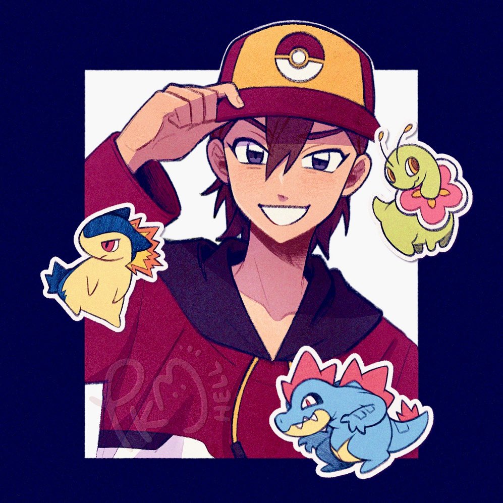 1boy brown_hair cal_(pokemon) collarbone commentary feraligatr gen_2_pokemon grey_eyes grin hair_between_eyes hand_on_headwear hand_up hat jacket long_sleeves looking_at_viewer male_focus meganium nintendo poke_ball_print pokemon pokemon_(creature) pokemon_stadium red_hat red_jacket short_hair smile submashell teeth typhlosion watermark