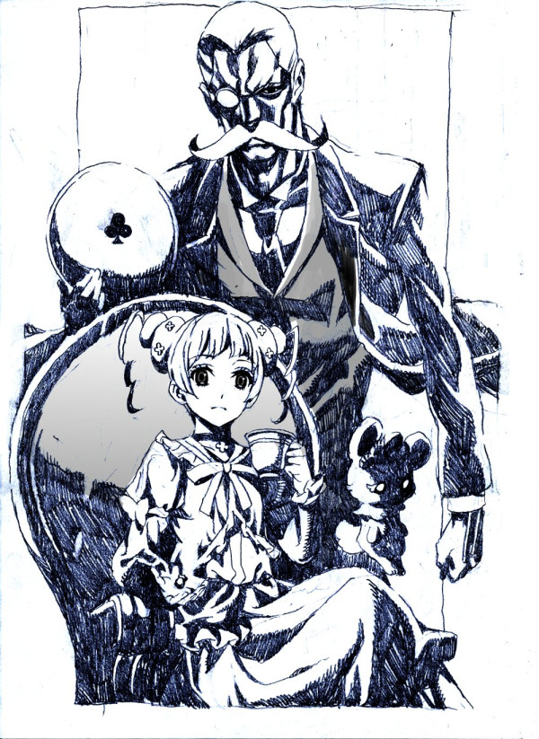 1boy 1girl butler chair cup dokidoki!_precure double_bun dress facial_hair hair_bun jpeg_artifacts looking_at_viewer manly monochrome monocle mustache nobita_(makoto7060355) precure rance_(dokidoki!_precure) sebastian_(dokidoki!_precure) short_hair sitting standing traditional_media white_background yotsuba_alice