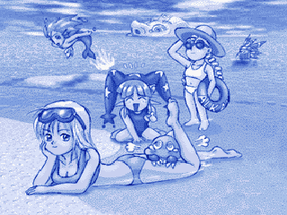 4girls alkanet_(puzzle_bobble) bikini bub_(bubble_bobble) bubble_bobble character_request cleon_(puzzle_bobble) hat innertube lowres madame_luna marino_(puzzle_bobble) merman monster_boy multiple_girls one-piece_swimsuit puzzle_bobble straw_hat sunglasses swim_ring swimsuit taito tam_tam_(puzzle_bobble)