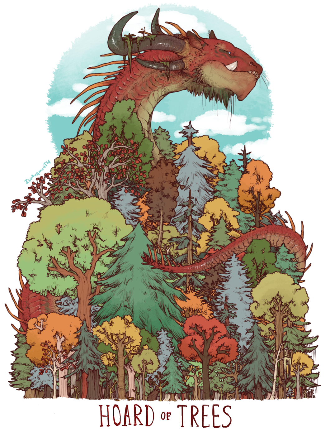 autumn_leaves birch_tree blue_eyes blue_sky border commentary commission day dragon dragon_horns english_commentary english_text fantasy fir_tree forest highres horns iguanamouth leaf moss nature no_humans original outdoors pine_tree red_scales sharp_teeth sky solid_eyes squinting teeth tree white_background