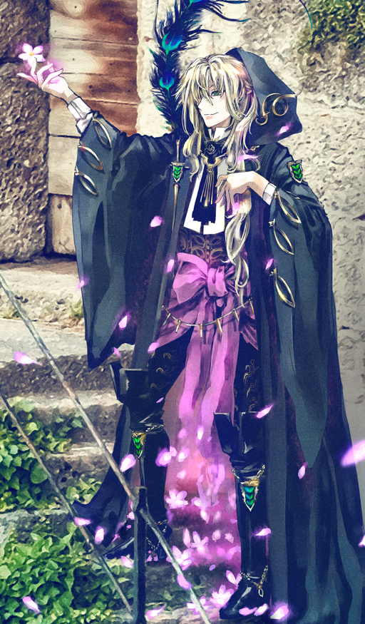 1boy architecture arm_up ascot black_ascot black_boots black_hood black_pants black_robe blonde_hair boots closed_mouth commentary day falling_petals fate/grand_order fate_(series) flower green_eyes hand_on_own_chest high_collar holding holding_flower hood hood_up hooded_robe long_hair long_sleeves male_focus official_art open_clothes open_robe outdoors pants peacock_feathers pelvic_curtain petals pfalz photo_background pink_flower purple_vest robe shirt smile solo stairs standing sunlight thigh_boots third-party_source vest waistcoat white_shirt wide_sleeves wolfgang_amadeus_mozart_(fate) wolfgang_amadeus_mozart_(tour_outfit)_(fate)