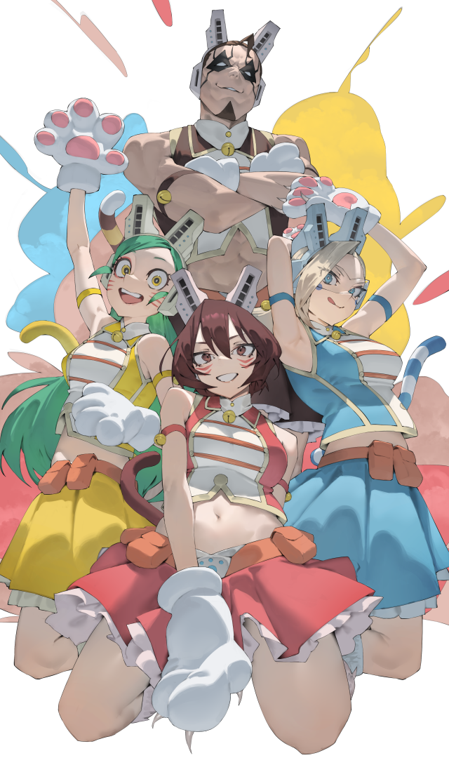 1boy 3girls animal_hands arm_strap bell blonde_hair blue_eyes blue_shirt blue_skirt boku_no_hero_academia brown_eyes brown_hair brown_shirt cat_tail eye_mask facial_mark fake_tail gloves green_hair grin long_hair mandalay_(boku_no_hero_academia) mi8pq multiple_girls muscular muscular_male navel neck_bell open_mouth paw_gloves pixie-bob_(boku_no_hero_academia) ragdoll_(boku_no_hero_academia) red_shirt red_skirt shirt skirt sleeveless sleeveless_shirt smile tail teeth tiger_(boku_no_hero_academia) whisker_markings yellow_eyes yellow_shirt yellow_skirt