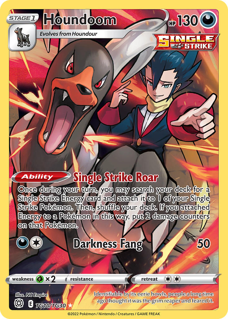 1boy artist_name black_hair blue_eyes card_(medium) character_name claws closed_mouth company_name copyright_name copyright_notice english_text fangs fire gen_2_pokemon grimsley_(pokemon) horns houndoom houndour long_sleeves nc_empire_(circle) nintendo official_art open_mouth outstretched_arm pointing pokemon pokemon_(creature) pokemon_bw pokemon_card pokemon_tcg scarf smile third-party_source tongue trading_card v-shaped_eyes yellow_scarf