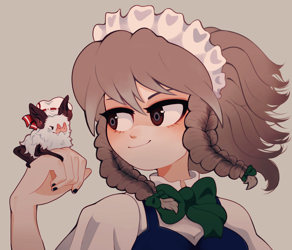 1girl :3 animal animal_on_hand animalization arm_up bat_(animal) bat_on_hand black_nails bow bowtie braid bright_pupils clem_(calmeremerald) clenched_hand close-up closed_mouth clothed_animal commentary english_commentary eye_contact eyebrows_hidden_by_hair fangs floating_hair frilled_hairband frills green_bow green_bowtie grey_background grey_hair hair_between_eyes hair_bow hairband high_collar izayoi_sakuya looking_at_another looking_to_the_side maid_headdress muted_color nail_polish portrait red_eyes remilia_scarlet remilia_scarlet_(bat) short_hair side_braid simple_background smile touhou twin_braids white_hairband