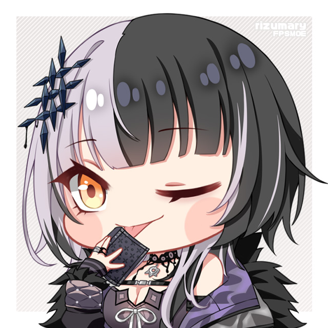 1girl ;p black_choker black_coat black_dress black_hair book breasts chibi chibi_only choker cleavage coat commentary dress english_commentary fpsmoe fur-trimmed_coat fur_trim grey_hair holding holding_book hololive hololive_english jewelry long_hair looking_at_viewer medium_breasts multicolored_hair one_eye_closed ribbon ring shiori_novella shiori_novella_(1st_costume) solo split-color_hair tongue tongue_out two-tone_hair virtual_youtuber white_ribbon yellow_eyes
