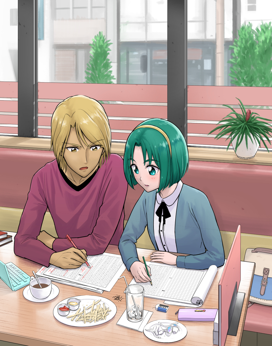 1boy 1girl akimoto_komachi bag blonde_hair blue_jacket blush book brown_eyes coffee computer cup dark-skinned_male dark_skin drinking_glass drinking_straw eraser food french_fries green_eyes green_hair hairband highres holding holding_pen holding_pencil ice itou_shin&#039;ichi jacket ketchup laptop long_sleeves mayonnaise natsu_(yes!_precure_5) nuts_(yes!_precure_5) open_clothes open_jacket open_mouth pen pencil pencil_case plant plate potted_plant precure red_shirt shirt short_hair sitting table two-tone_bag white_shirt window yellow_hairband yes!_precure_5