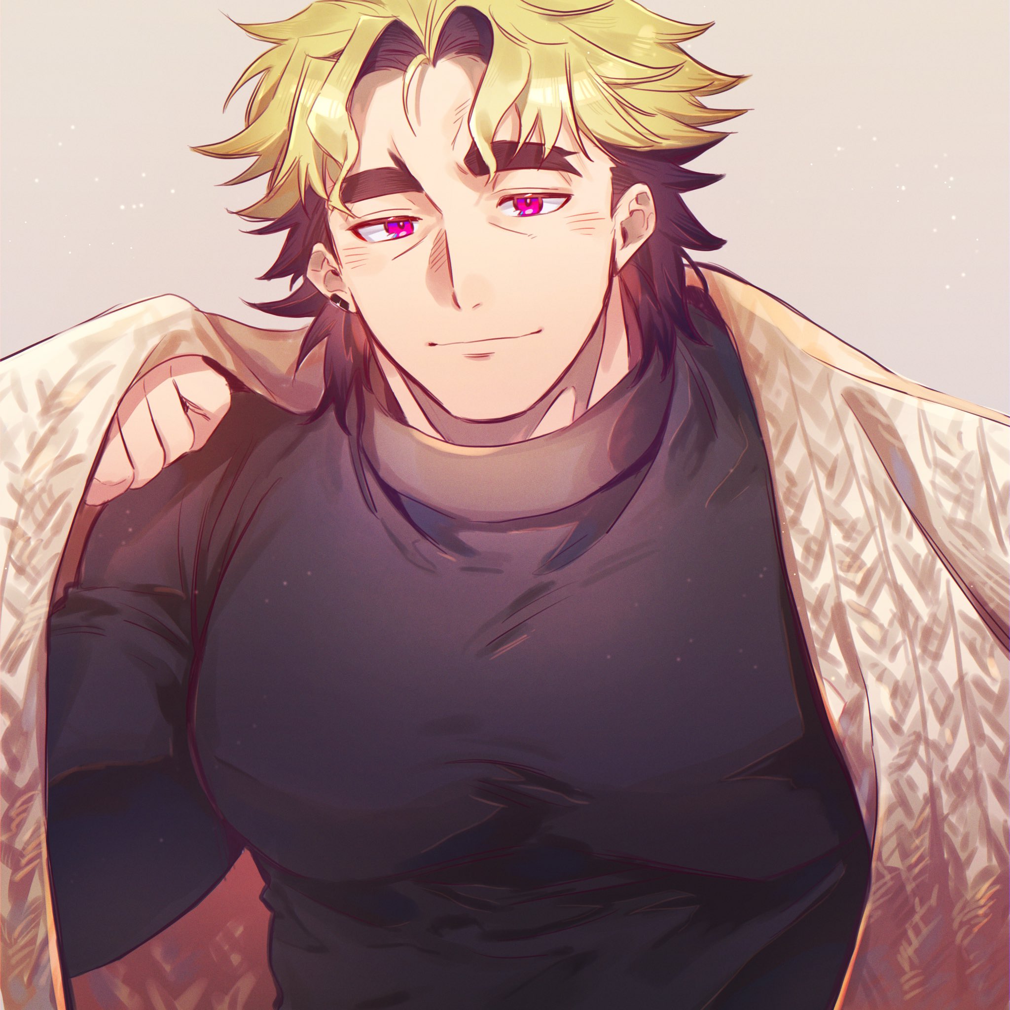 1boy bara blanket blonde_hair covered_pectorals earrings grey_background hagiography highres jewelry loki_(housamo) looking_at_viewer male_focus pectorals solo sweater thick_eyebrows thick_neck tokyo_houkago_summoners turtleneck
