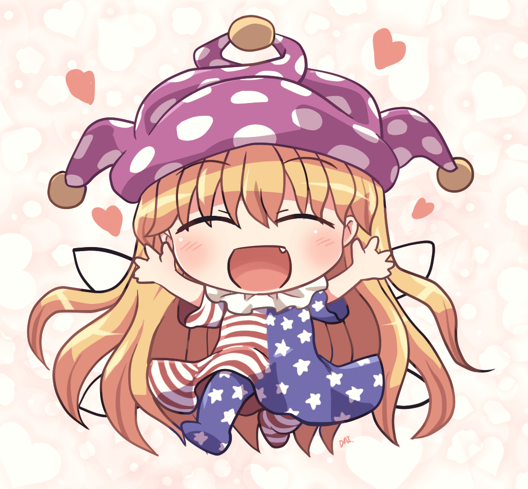 1girl :d ^_^ american_flag_dress american_flag_legwear blonde_hair closed_eyes clownpiece commentary_request dress facing_viewer fairy_wings fang full_body hat heart heart_background long_hair neck_ribbon open_mouth outstretched_arms pantyhose polka_dot_headwear purple_hat ribbon rokugou_daisuke short_sleeves signature smile solo star_(symbol) star_print striped_clothes striped_dress striped_pantyhose touhou very_long_hair wings