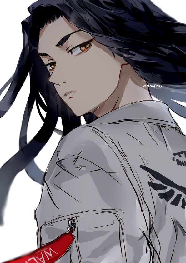 1boy baji_keisuke black_hair brown_eyes closed_mouth commentary_request long_hair male_focus nori20170709 sideways_glance simple_background solo tokyo_revengers twitter_username upper_body white_background