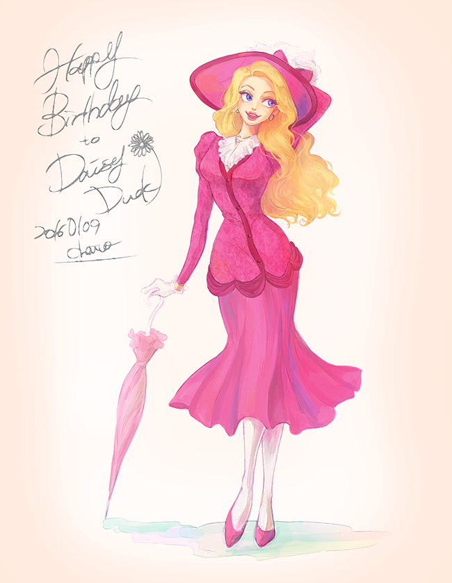 1girl animification artist_name blonde_hair chai_5 daisy_duck disney full_body hat high_heels humanization long_hair looking_at_viewer mickey_mouse_&amp;_friends personification pink_skirt signature skirt smile solo umbrella