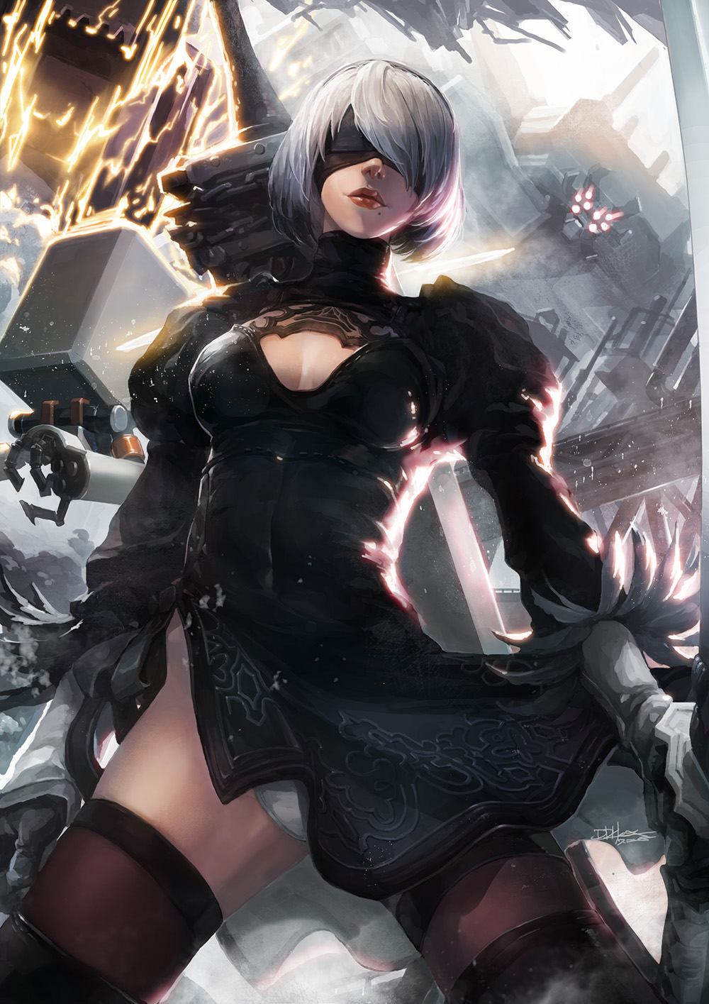 1girl 2b_(nier:automata) black_dress black_gloves black_thighhighs blindfold boots breasts cleavage_cutout clothing_cutout cowboy_shot dress facing_viewer feather-trimmed_sleeves floating floating_object floating_sword floating_weapon gloves hexaoyama highres holding holding_sword holding_weapon katana large_breasts leotard lipstick long_bangs machine_(nier) makeup mecha mole mole_under_mouth nier:automata nier_(series) pod_(nier:automata) red_lips robot short_hair signature sword thigh_boots thighhighs thighhighs_under_boots thong_leotard weapon weapon_on_back white_hair