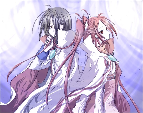 1boy 1girl black_hair brown_eyes cape dress gloves long_hair lukius_bridges red_eyes red_hair ribbon rommy short_hair tales_of_(series) tales_of_the_tempest twintails