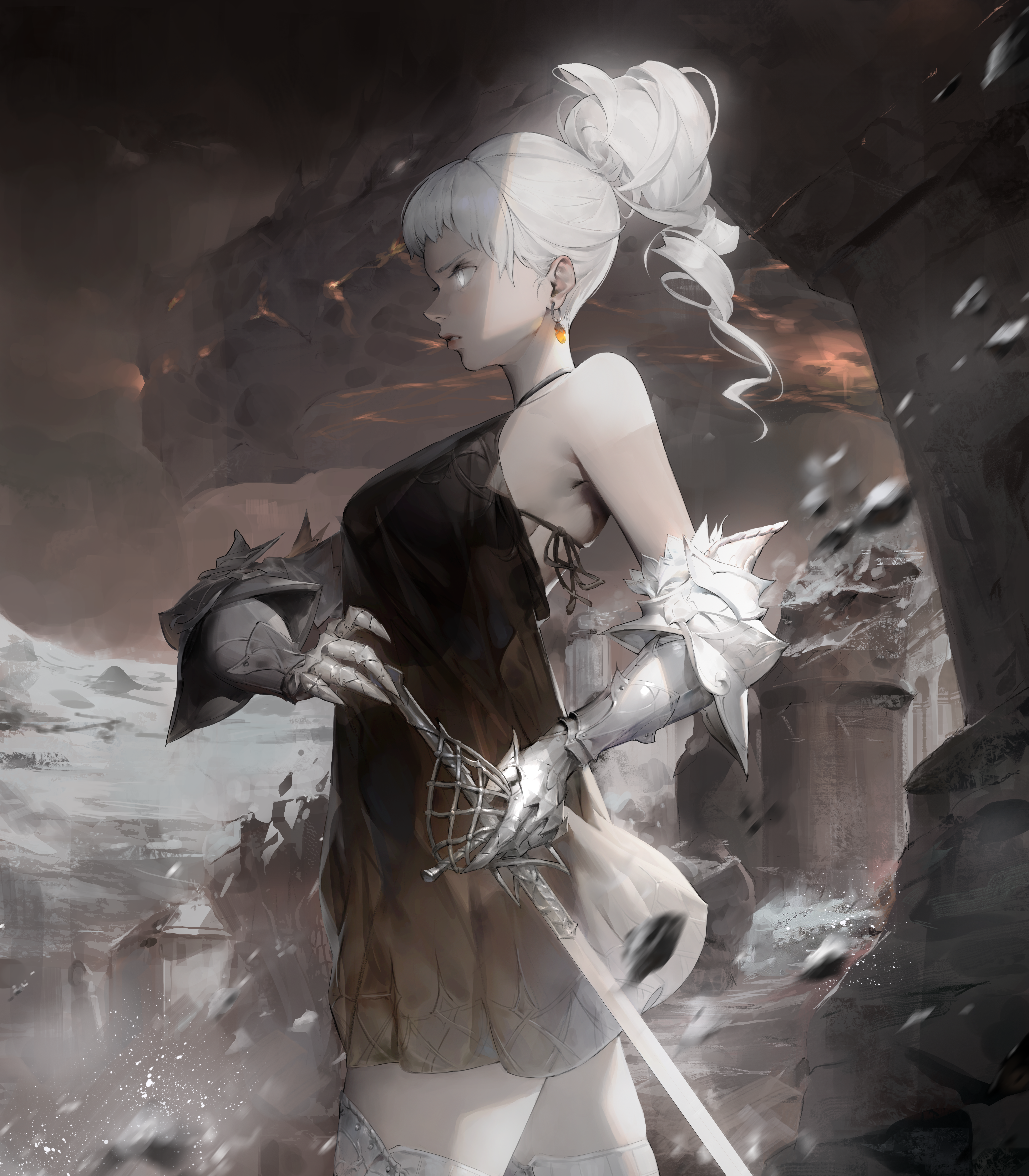 1girl absurdres bare_shoulders black_dress breasts commentary cowboy_shot dated_commentary debris dragon dress drill_hair drill_ponytail earrings english_commentary from_side gauntlets glowing glowing_eye highres holding holding_sword holding_weapon jewelry jung_wonjo large_breasts looking_afar looking_ahead original outdoors parted_lips pillar ponytail profile rapier ruins serious solo sword teeth thighhighs weapon western_dragon white_eyes white_hair white_thighhighs