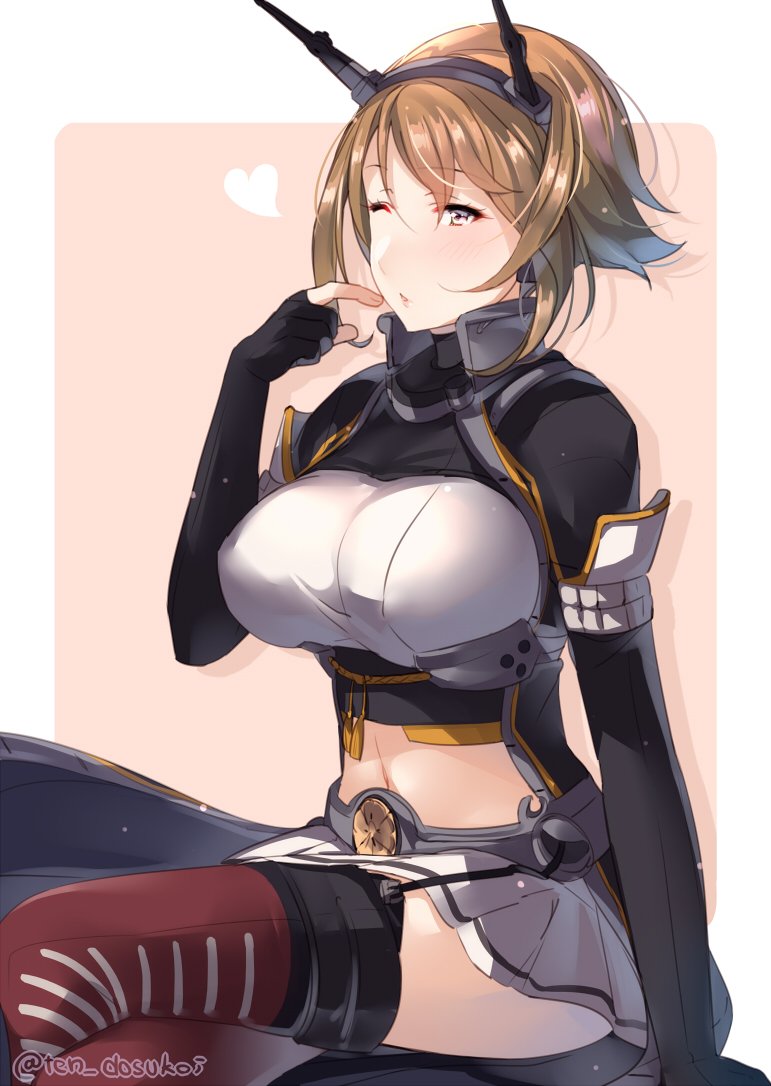 1girl bad_id bad_twitter_id black_jacket blush border breasts brown_hair cosplay elbow_gloves female_focus fingerless_gloves gloves green_eyes hand_to_own_mouth headgear heart jacket juurouta kantai_collection large_breasts long_sleeves looking_at_viewer midriff miniskirt mutsu_(kancolle) nagato_(kancolle) nagato_(kancolle)_(cosplay) navel one_eye_closed outside_border pink_background remodel_(kantai_collection) short_hair simple_background sitting skirt solo white_border