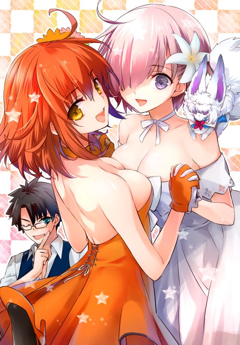 1boy 2girls bare_shoulders bespectacled black_hair blue_vest breasts checkered_background choker cleavage commentary_request dress fate/grand_order fate_(series) flower fou_(fate) fujimaru_ritsuka_(female) fujimaru_ritsuka_(female)_(starlight_fest) fujimaru_ritsuka_(male) fujimaru_ritsuka_(male)_(starlight_fest) glasses gloves green_eyes hair_flower hair_ornament hair_over_one_eye hair_scrunchie high_heels holding_hands large_breasts mash_kyrielight mash_kyrielight_(formal_dress) medium_breasts multiple_girls official_alternate_costume one_eye_closed orange_dress orange_eyes orange_gloves orange_hair pink_hair purple_eyes scrunchie short_dress strapless strapless_dress vest white_choker white_dress white_gloves yakan_(kusogaki_teikoku)