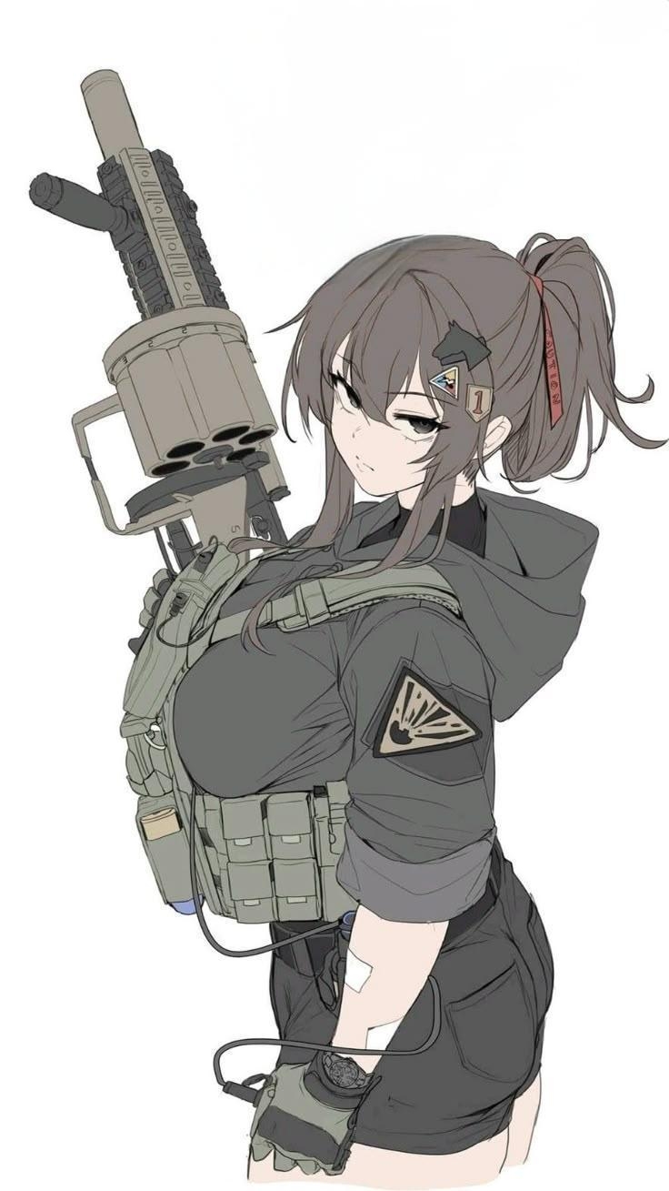 bad_source bandaged_arm bandages bandolier belt brown_hair claymore_(mine) explosive frown gloves grenade_launcher gun highres milkor_mgl mine_(weapon) original ponytail weapon