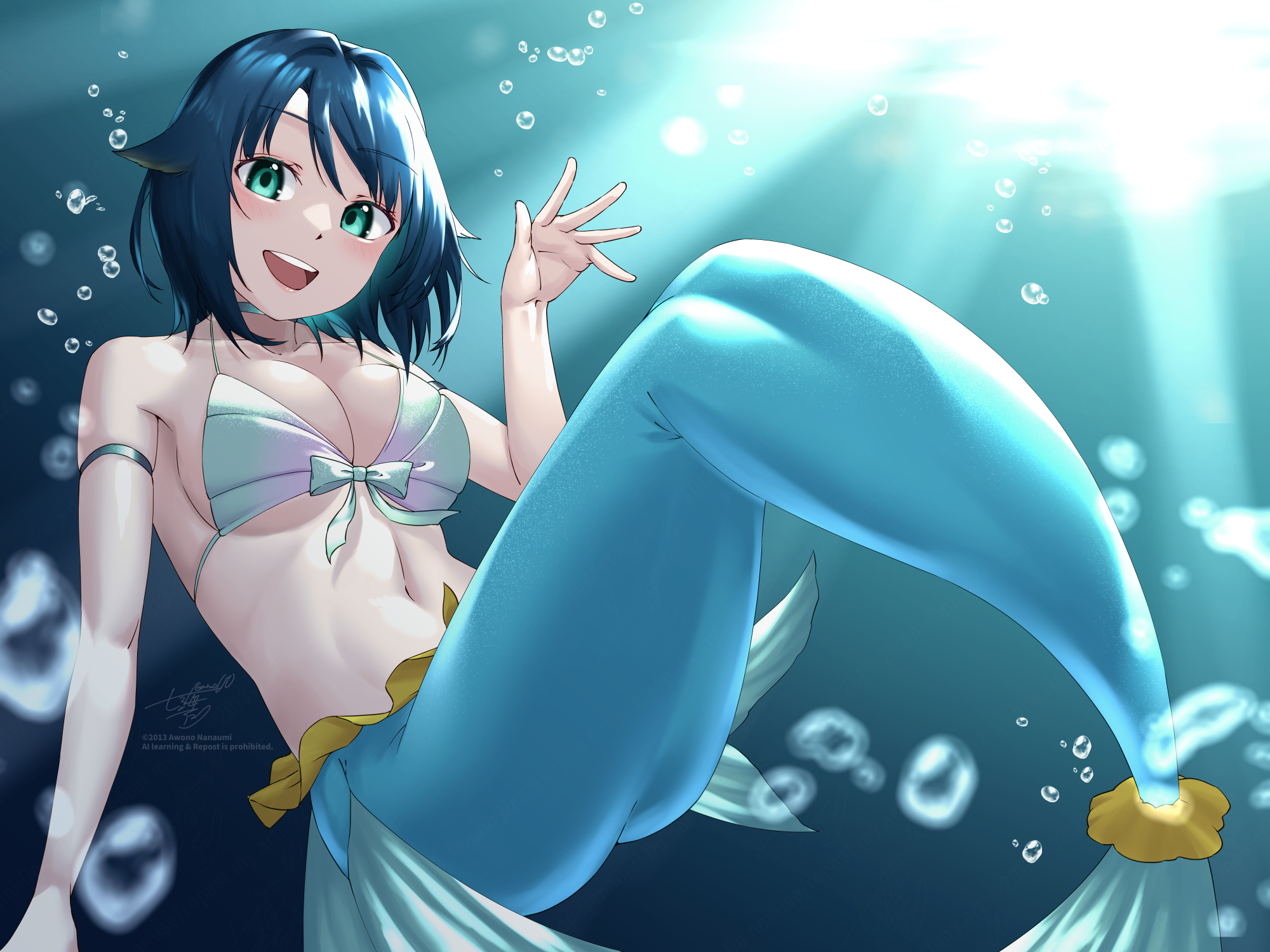 1girl :d air_bubble awono_nanaumi bikini blue_hair breasts bubble cleavage collarbone commentary_request fukami_nana_(awono_nanaumi) green_eyes hair_flaps highres large_breasts mermaid monster_girl navel open_mouth original short_hair smile solo swimsuit teeth underwater upper_teeth_only