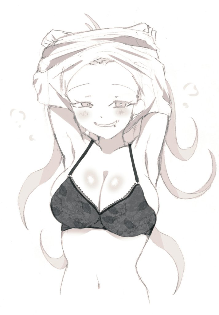 1girl arms_up bababaeki00 black_bra blush bra breasts cleavage collarbone danganronpa_(series) danganronpa_v3:_killing_harmony forehead greyscale grin iruma_miu large_breasts monochrome navel pale_skin shiny_skin shirt sketch smile solo teeth underwear undressing upper_body white_background