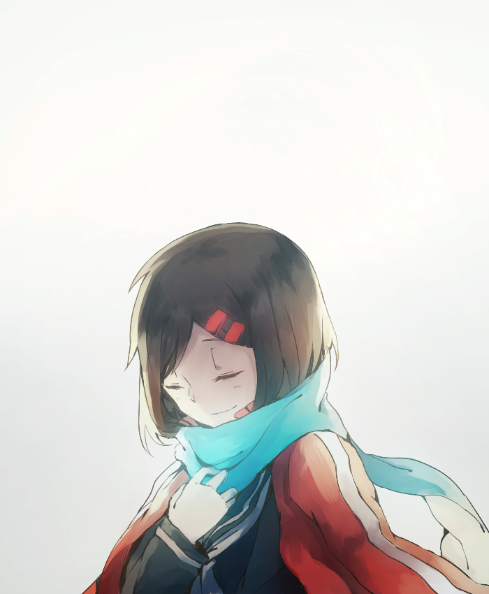 1girl bad_id bad_pixiv_id black_hair blue_scarf borrowed_clothes closed_eyes domik enpera female_focus hair_ornament hairclip jacket kagerou_project long_hair scarf school_uniform smile solo tateyama_ayano track_jacket