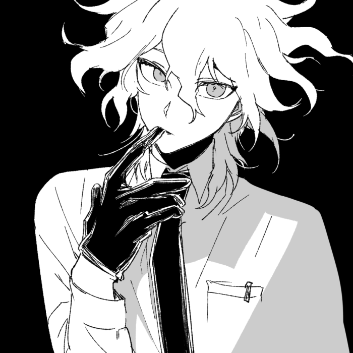 1boy black_background breast_pocket collared_shirt danganronpa_(series) danganronpa_2:_goodbye_despair glove_in_mouth gloves hair_between_eyes hand_up komaeda_nagito long_sleeves medium_hair messy_hair mouth_hold necktie pocket shirt solo upper_body uurin