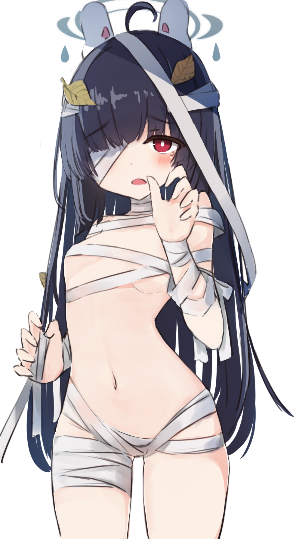1girl animal_ears bare_arms bare_shoulders black_hair blue_archive blunt_bangs cowboy_shot fake_animal_ears gauze gauze_on_arm gauze_on_cheek gauze_on_chest gauze_on_face gauze_on_hand gauze_on_leg gauze_on_neck gauze_over_eye halloween halo highres hime_cut le_xue long_hair looking_at_viewer miyu_(blue_archive) navel nude solo straight_hair tearing_up very_long_hair white_background